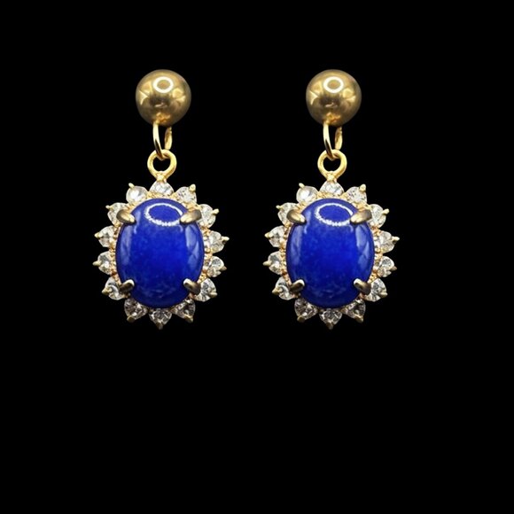 Blue Lapis Lazuli Cabochon Drop Earrings with Swarovski Crystals 18K Gold Elec - Picture 1 of 5